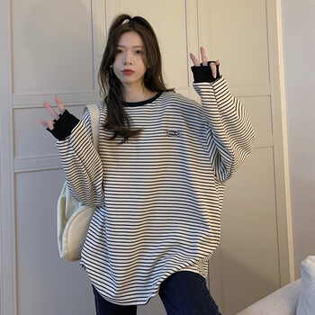 劳希尼春秋季大学生长款t恤女遮臀春款初高中女生上衣条纹长袖白色m