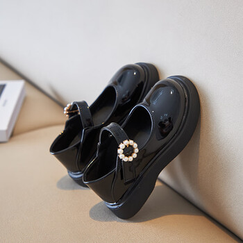 鸿星尔克女童鞋子春秋款儿童公主小皮鞋黑色女孩软底演出鞋英伦风黑色