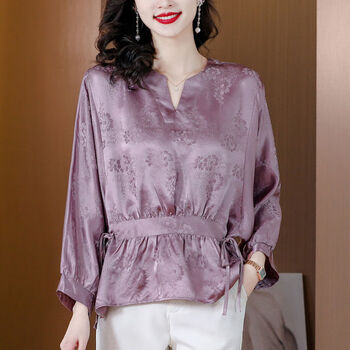 奥合普高档提花真丝衬衫上衣女春夏新款时尚洋气小衫宽松遮肉桑蚕丝