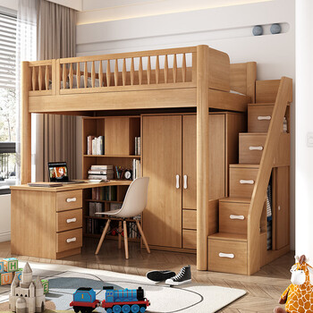 0757 上床下桌下空小户型高架床组合衣柜床交错式儿童床书桌一体床