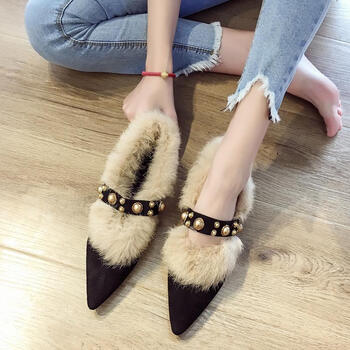 zrty豆豆鞋女冬加绒秋季尖头粗跟高跟毛毛鞋女士鞋子女黑色5买家选择