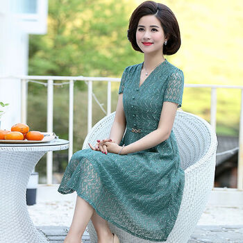 中老年女装中老年连衣裙春夏新款宽松加码气质蕾丝中长款裙子绿色l