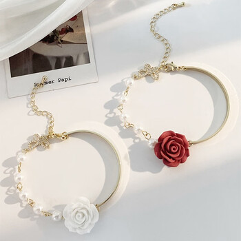 卡莱茵手链女法式玫瑰花朵珍珠蝴蝶拼接手链女学生闺蜜手环送女友红