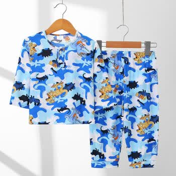 绵绸空调家居服中大童睡衣套装蓝迷彩恐龙150cm150cm90码适合130140