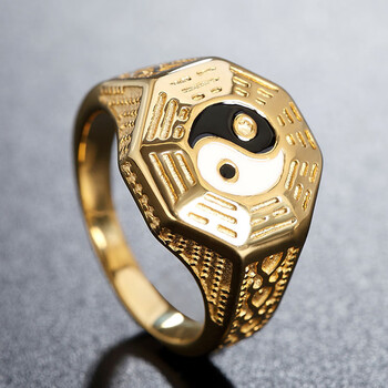 男潮个性复古中国风钛钢单身戒男士古风饰品国潮配饰 金色八卦戒指 美