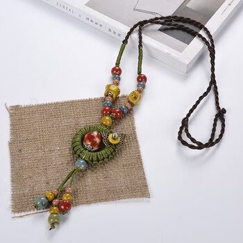 狮子头复古民族风饰品长款麻绳项链衣服配饰挂件手工陶瓷毛衣链装饰品