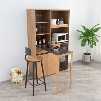 原木色餐边柜吧台餐桌组合 吧椅*2 双门