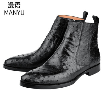 南非进口鸵鸟皮靴子男士商务马丁靴固特异真皮高档潮流时尚雪地靴