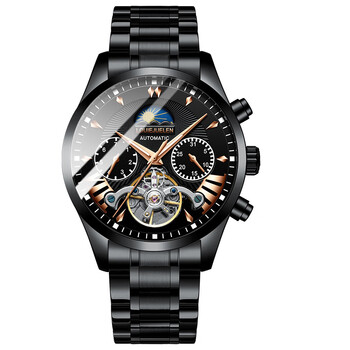 贝罗仕(belushi)男士日月星辰三眼钢带防水陀飞轮手表l-8006黑壳黑面