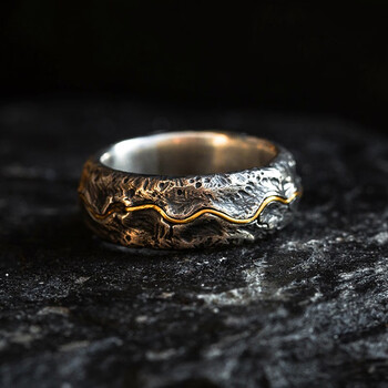 臻秒2022原创设计手工錾刻纹理925银岁月错金戒指复古男岁月错金戒指