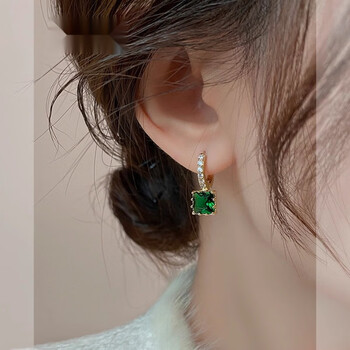 锆石耳环轻奢感耳扣女小众设计气质名媛耳坠 墨绿色【图片 价格 品牌