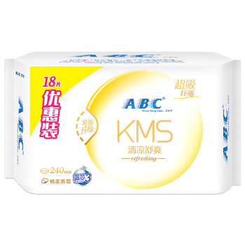 ABC KMS纤薄棉柔超吸日用卫生巾240mm*18片(KMS健康配方)(温和成分 清新舒适)新老包装随机