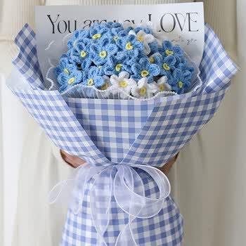 花束diy材料包钩针毛线玫瑰铃兰绒线花朵自制礼物成品 蓝色勿忘我5支