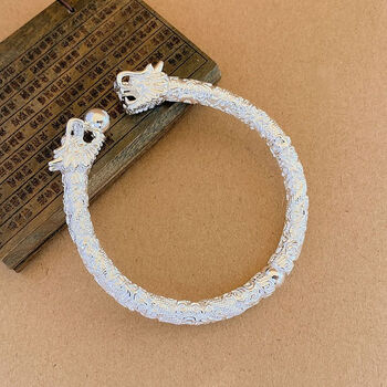 足银999磨砂倒模做旧重工款大克重双龙戏珠古风手镯男女 精抛电银