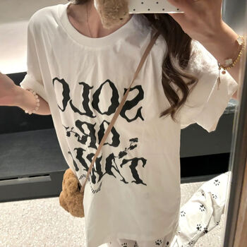 衣服女装美式休闲日系可爱甜酷印花t恤女2024夏oversize搭国潮牌白色