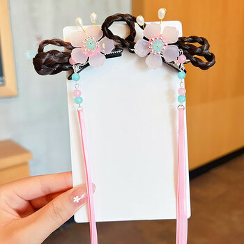 头饰女儿童古风花朵假发辫子发夹女童古装中国风飘带发卡发饰 璎珞