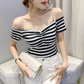肩条纹t恤女短袖夏装设计感露肩锁骨上衣洋气性感吊带小衫潮条纹705s