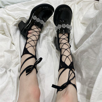 网格交叉绑带小腿袜子可爱lolita袜子秋季薄款女中筒袜黑色绑腿小腿袜