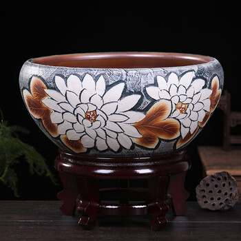 臻爵家饰雕刻高温陶瓷缸荷花缸养金鱼盆一叶莲水盆家用乌龟缸民宿简约