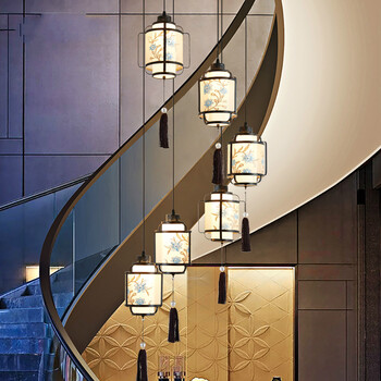 新中式吊灯楼梯间灯中国风中空客厅复式楼别墅旋转跃层餐厅长吊灯直径