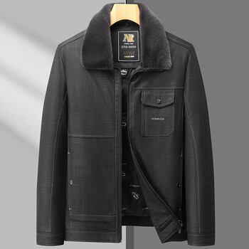 雅鹿质感男士牛仔皮羽绒服商务休闲中年爸爸冬季保暖毛领外套黑色1954