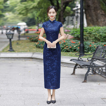 中年气质年轻款改良改良旗袍中长款日常中国风修身妈2092蓝色l85102斤