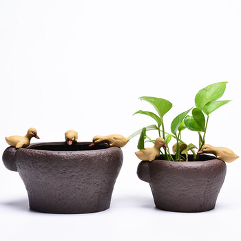 尘菁创意紫砂花盆摆件无孔桌面植物盆栽小动物鸭子复古仿石臼水培花盆