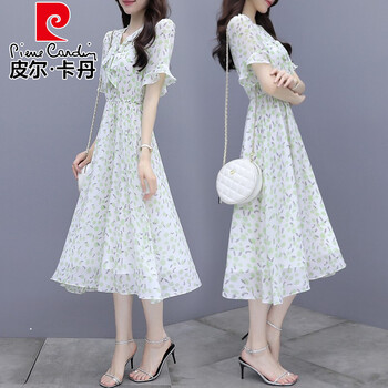 皮尔卡丹(pierre cardin)品牌轻奢女装 绿色雪纺连衣裙女夏2024新款