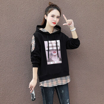 女春季新款时尚格子拼接假两件连帽卫衣女士春装韩版宽松上衣黑色xl