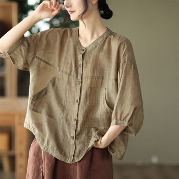 服饰内衣>女装>衬衫>寒栩>寒栩中袖上衣女新款衬衫文艺复古棉麻苎麻