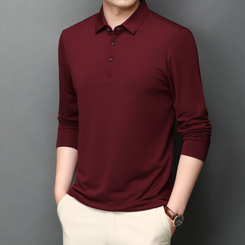 秋季翻领桑蚕丝长袖t恤男士莫代尔polo衫商务男装纯色打底衫红色170l