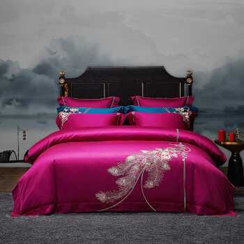 梦味新中式140支长绒棉四件套纯棉重工刺绣高档别墅样板间床上用品 紫 2.0米床(被套220*240CM)