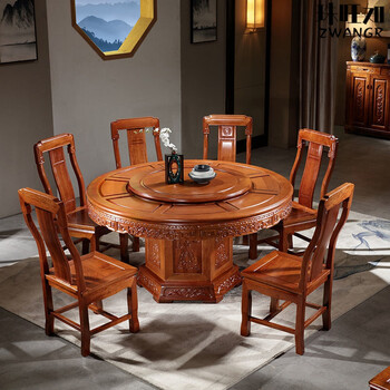 圆桌新中式餐桌椅组合木餐台椅家用吃饭桌全实木古典餐桌14米桌8张
