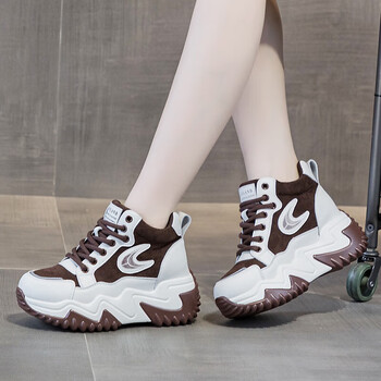 热风奢拼休闲鞋女老爹鞋牛皮增高女鞋子2024春季新款单鞋高帮旅游运动