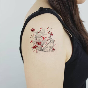 彼岸花纹身贴彩色九尾狐彼岸花纹身贴小图案手腕锁骨脚踝男女防水纹身