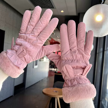 棉花朵手套棉手套女冬季蝴蝶结分指加绒防风防寒滑雪五指保暖触屏骑车