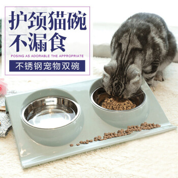 迪普尔 狗狗用品狗盆狗碗猫碗猫盆两用宠物喂食饮水双碗不锈钢新款Z型防溢撒慢食防噎碗浅蓝色