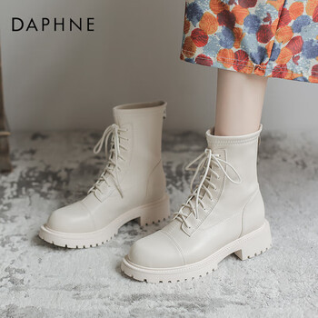 白色马丁靴女单靴加绒英伦风中筒靴厚底短靴靴子品牌新品女鞋 米白色