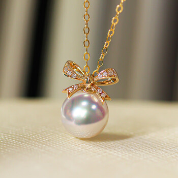 彩岸新款珠宝蝴蝶结款海水koy珍珠吊坠项链18单颗天女锁骨链海水akoya