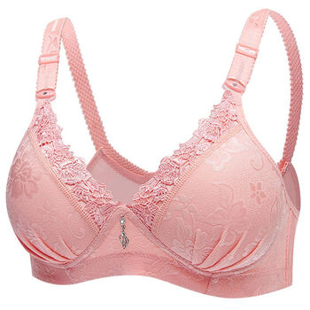 妈妈文胸棉质聚拢小胸无钢圈薄款蕾丝胸罩提花透气中老年内衣女士粉色