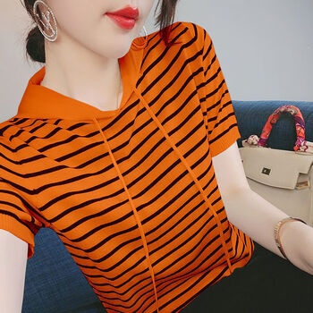 短袖连帽t恤女高品质纯棉针织恤女韩版连帽条纹短袖宽松套头百搭减龄