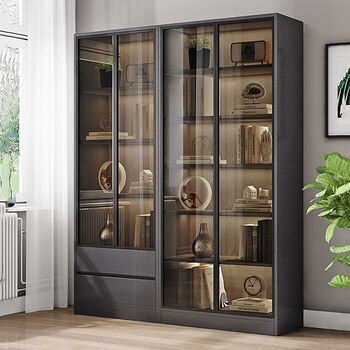 富丽多轻奢玻璃门书柜北欧简约现代带门落地书房书橱客厅全墙书柜组合