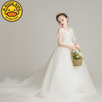 公主裙白纱花童婚礼小女孩生日礼服儿童主持人钢琴演出服白色拖尾90c