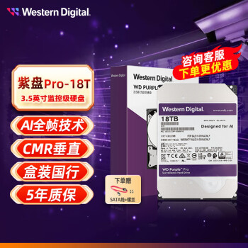 西部数据（WD） 紫盘Pro 18TB SATA6Gb/s 7200转512M CMR垂直监控硬盘 18TB 紫盘PRO【WD181EJRP】