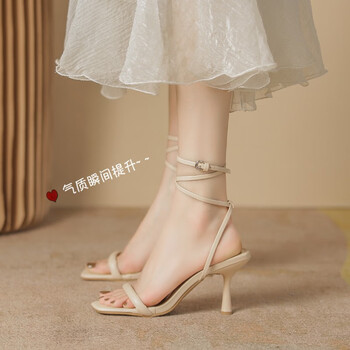 高跟凉鞋气质绑带性感高跟鞋网红细跟一字带女士凉鞋粉色35标准尺码