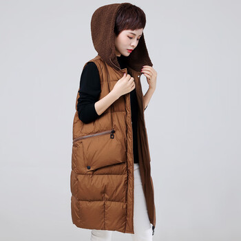 潮韩版带帽白鸭绒马甲女中长款时尚保暖显瘦带帽中年秋冬羽绒背心坎肩