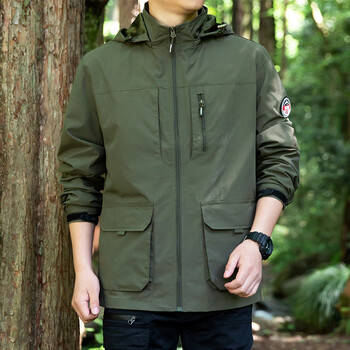 夹克男士春秋季户外连帽大码外套休闲百搭工装连帽冲锋衣军绿色6xl