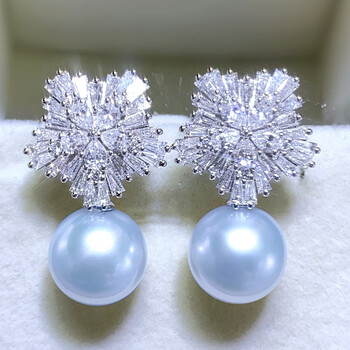 qiq澳洲南洋海水珍珠耳环豪华雪花款18k金镶钻石珍珠耳坠正圆无暇冷