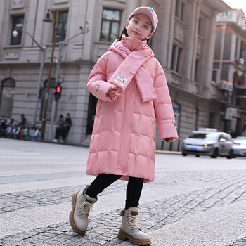 长款冬季新款加绒加厚外套615岁中大童小女孩轻薄小孩羽绒服玫瑰粉140