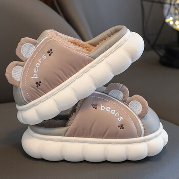 啡过小学生棉拖鞋防水儿童棉拖鞋女童秋冬季可爱小女孩拖鞋pu皮卡通